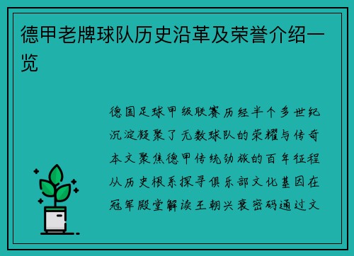 德甲老牌球队历史沿革及荣誉介绍一览